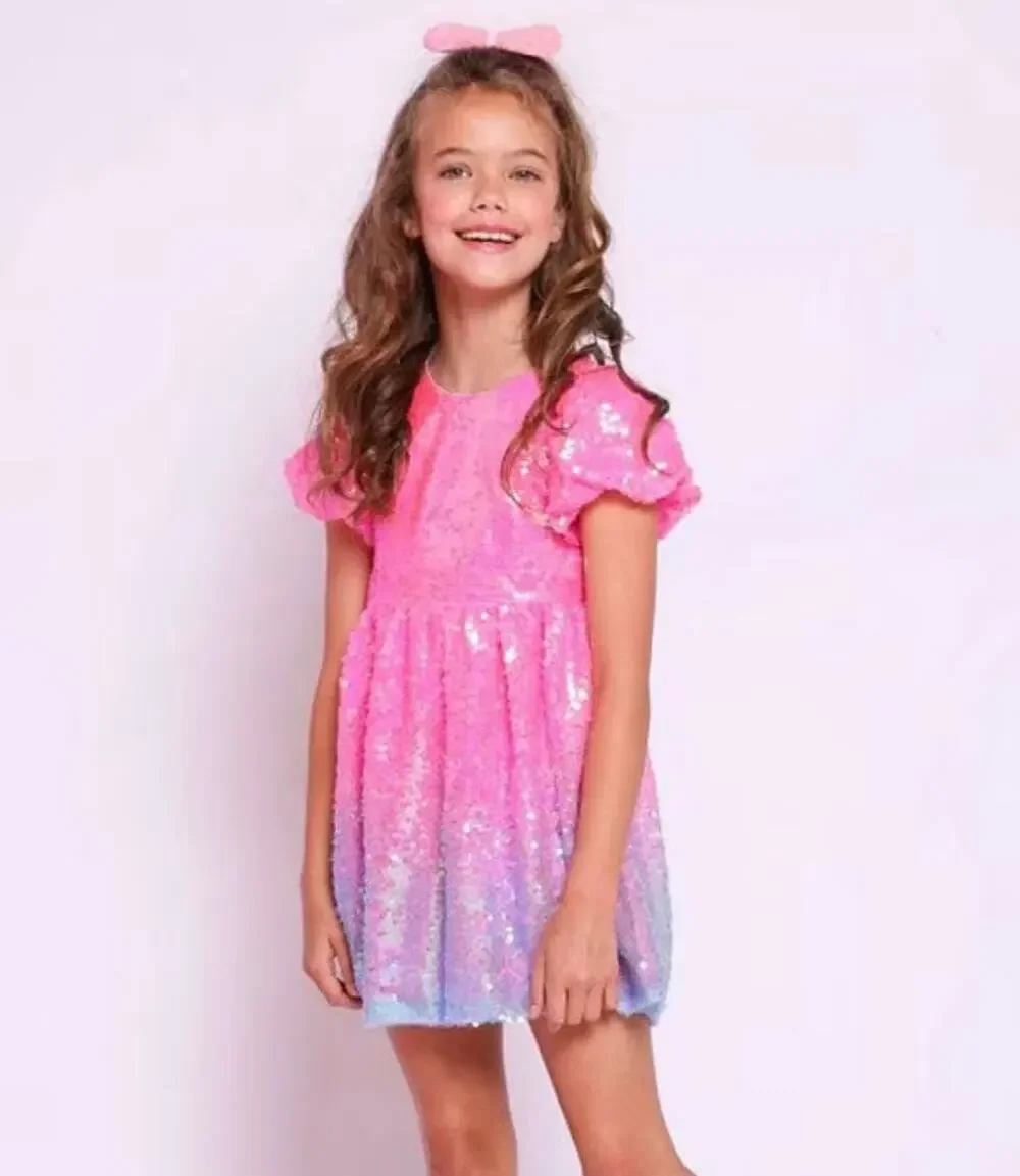 Lola & The Boys Little Girls Ombre Sequin Shimmer Puff Sleeve Dress size 4